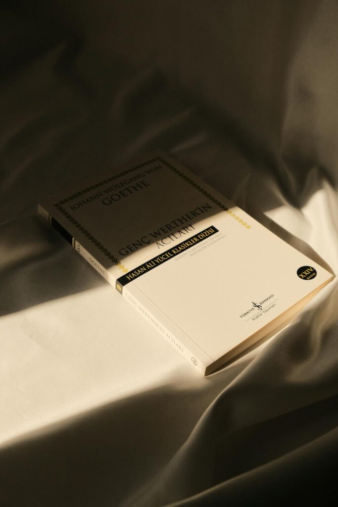 An elegantly sunlit book by Goethe placed on a draped surface, emphasizing literary appeal.